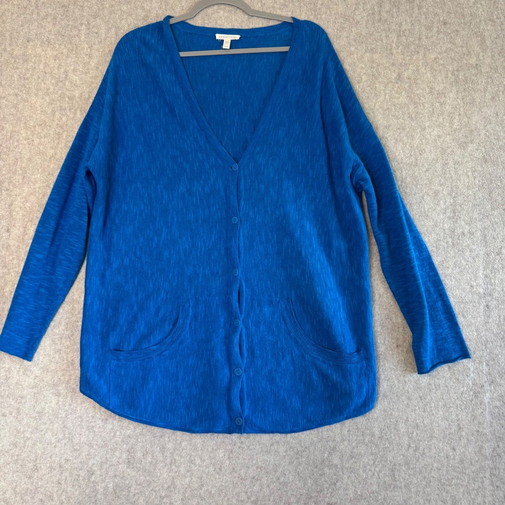 Eileen Fisher Slub Knit Cardigan Women M Blue Relaxed V-Neck Button Front
